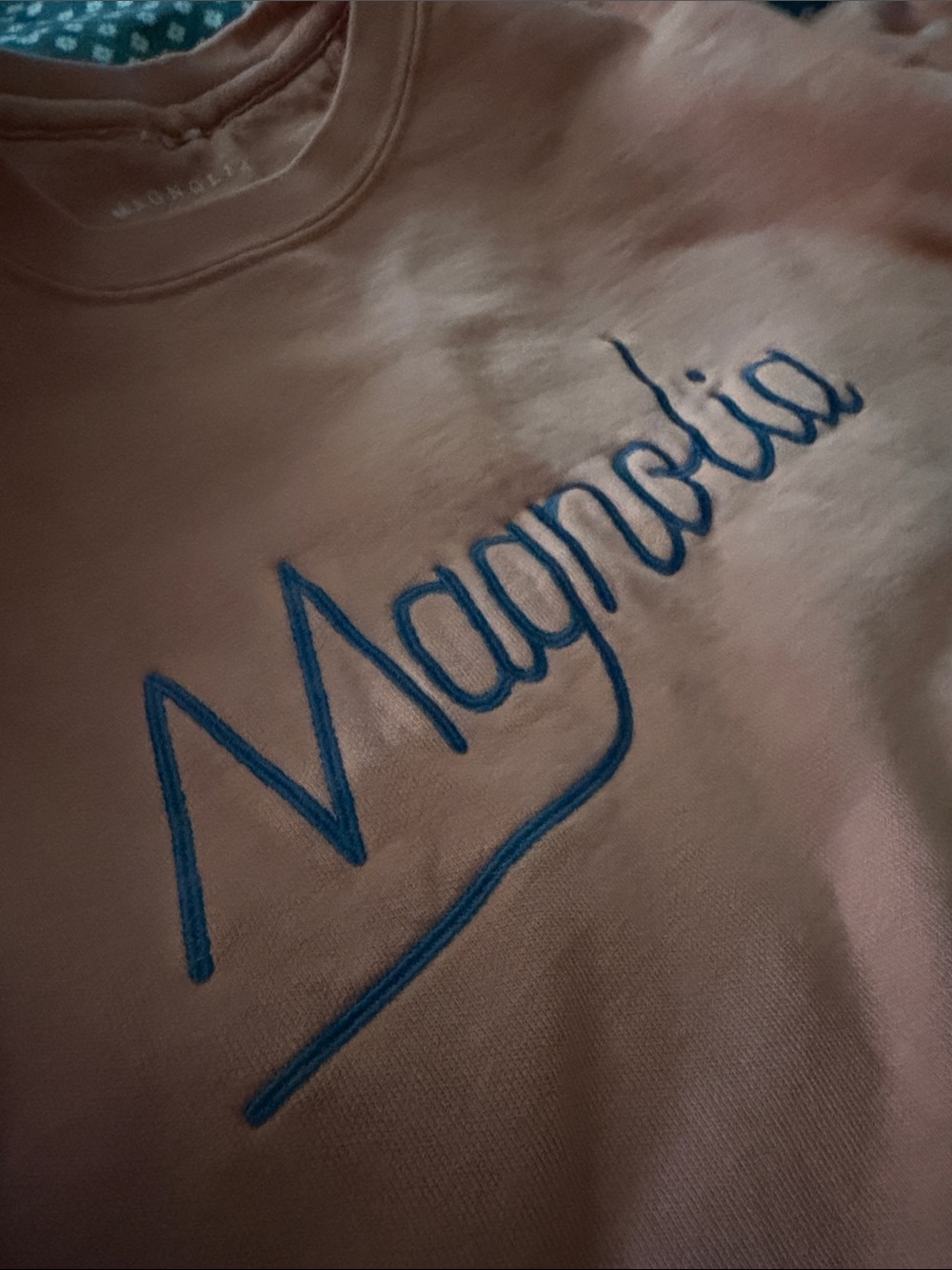 Magnolia Unisex Crewneck Sweatshirt in Burnt Orange with Navy Script - Picture 3 of 3
